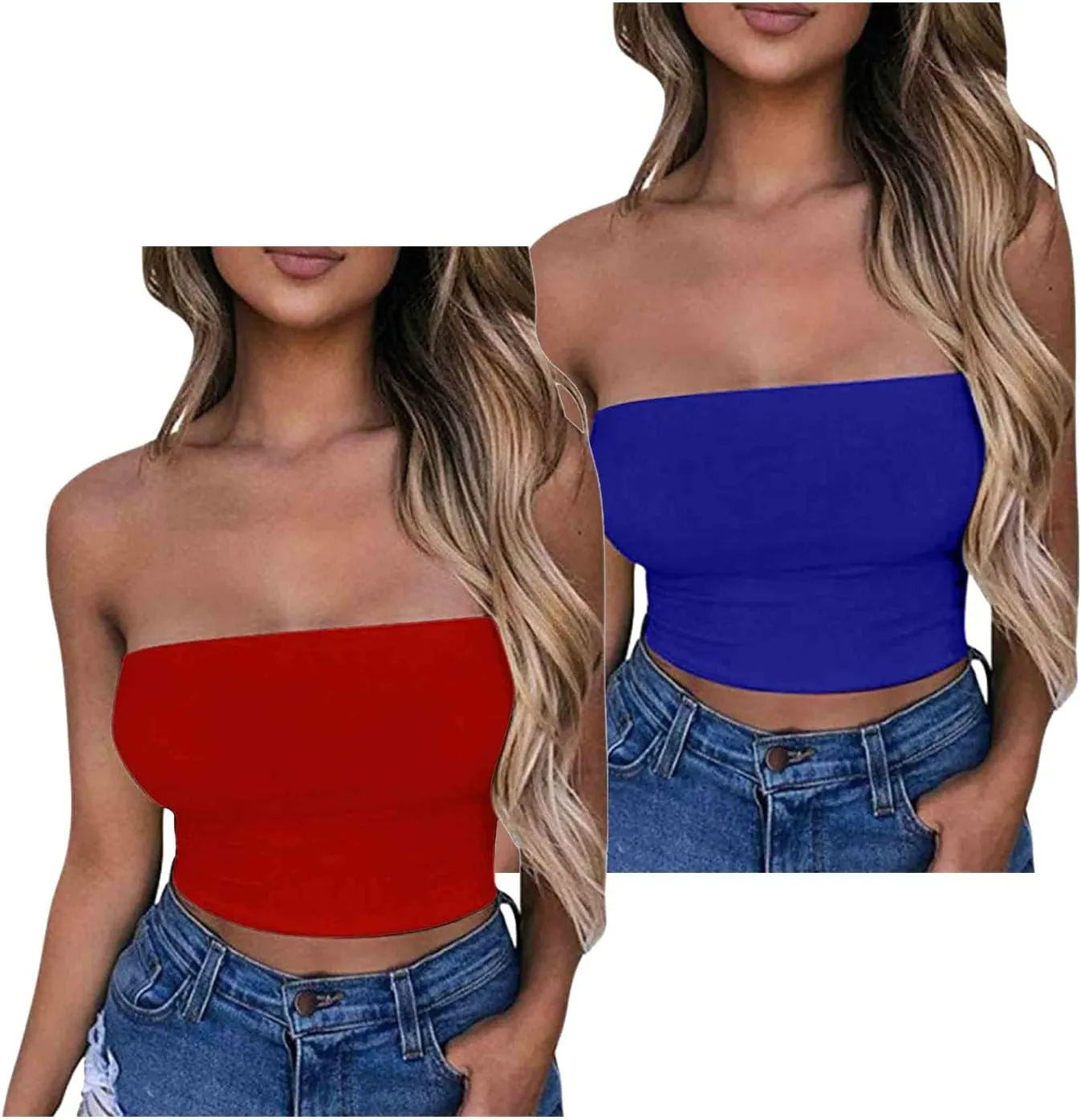 HGps8w 2 Pack Women's Tube Crop Tops Strapless Cute Basic Solid Sleeveless Stretchy Seamless Bandeau Shirts