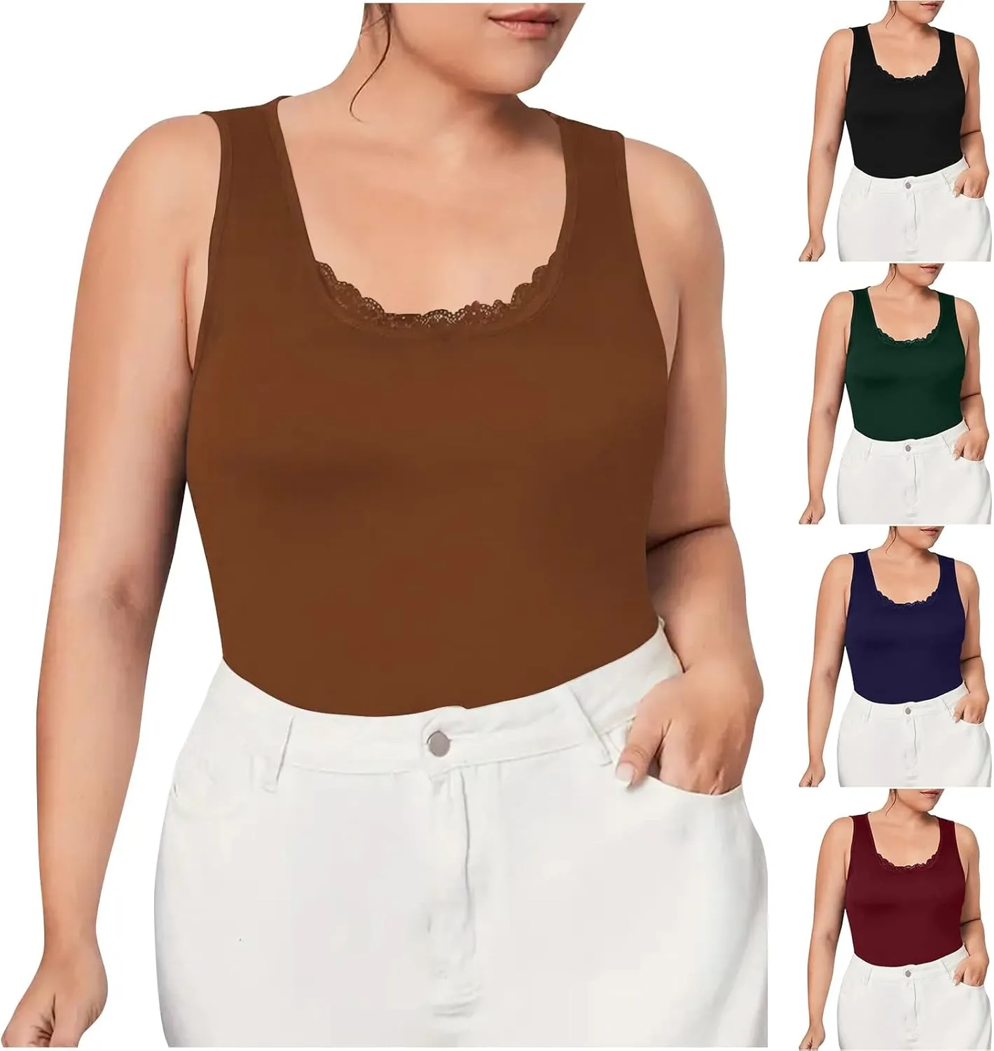 HGps8w Women's Plus Size Tank Tops Summer Sleeveless Lace Trim Scoop Neck Basic Solid Fitted Cami Tee Shirts
