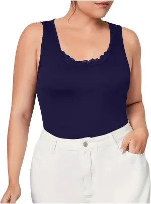 HGps8w Women's Plus Size Tank Tops Summer Sleeveless Lace Trim Scoop Neck Basic Solid Fitted Cami Tee Shirts
