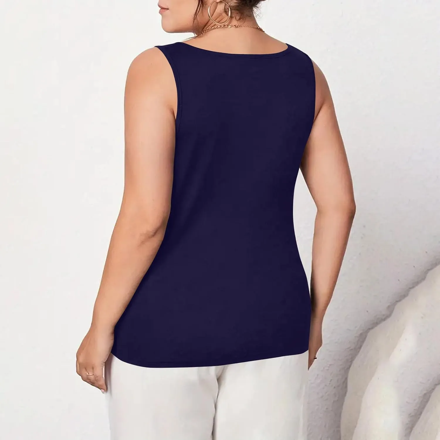 HGps8w Women's Plus Size Tank Tops Summer Sleeveless Lace Trim Scoop Neck Basic Solid Fitted Cami Tee Shirts