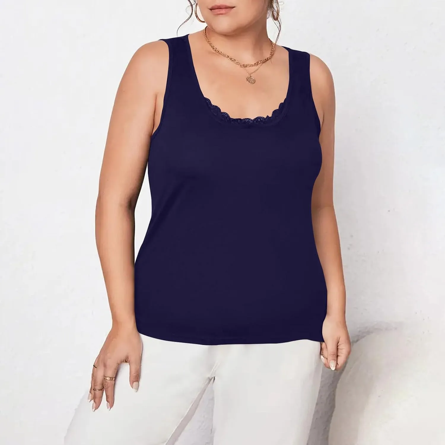 HGps8w Women's Plus Size Tank Tops Summer Sleeveless Lace Trim Scoop Neck Basic Solid Fitted Cami Tee Shirts