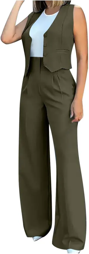 hlysgo Blazer Sets Women 2 Piece Outfits Business Casual Sleeveless Crop Blazer Vest & Wide-Leg Pants Ladies Office Work Set