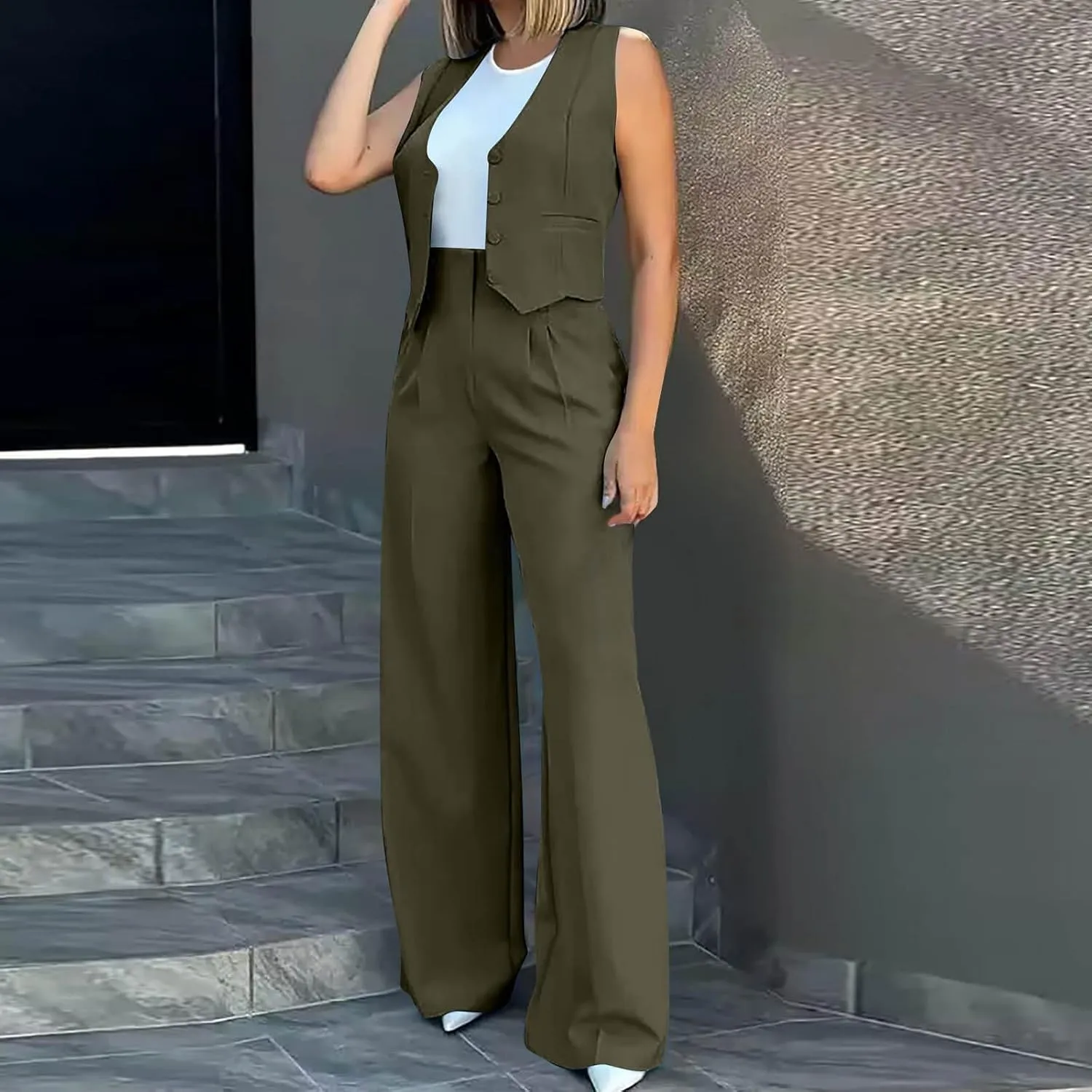 hlysgo Blazer Sets Women 2 Piece Outfits Business Casual Sleeveless Crop Blazer Vest & Wide-Leg Pants Ladies Office Work Set