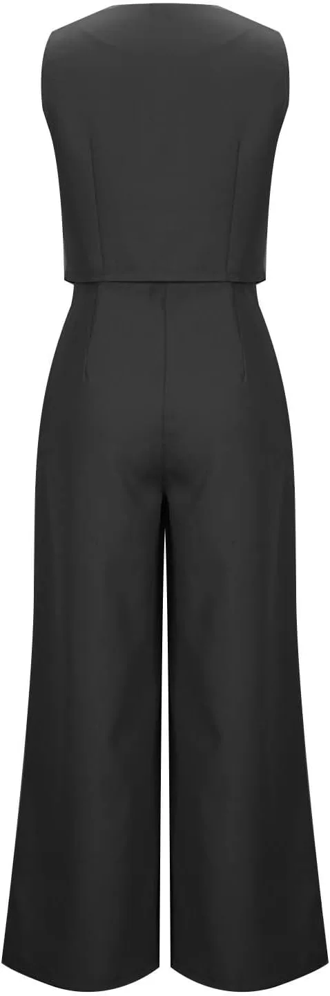 hlysgo Blazer Sets Women 2 Piece Outfits Business Casual Sleeveless Crop Blazer Vest & Wide-Leg Pants Ladies Office Work Set