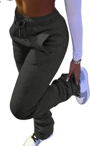 HuiSiFang Women Stacked Pants Fleece Sweatpants Thicked Warm Jogging Casual Ruched Workout Active Jogger Pants