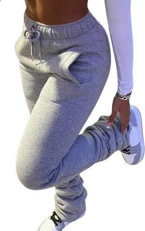 HuiSiFang Women Stacked Pants Fleece Sweatpants Thicked Warm Jogging Casual Ruched Workout Active Jogger Pants