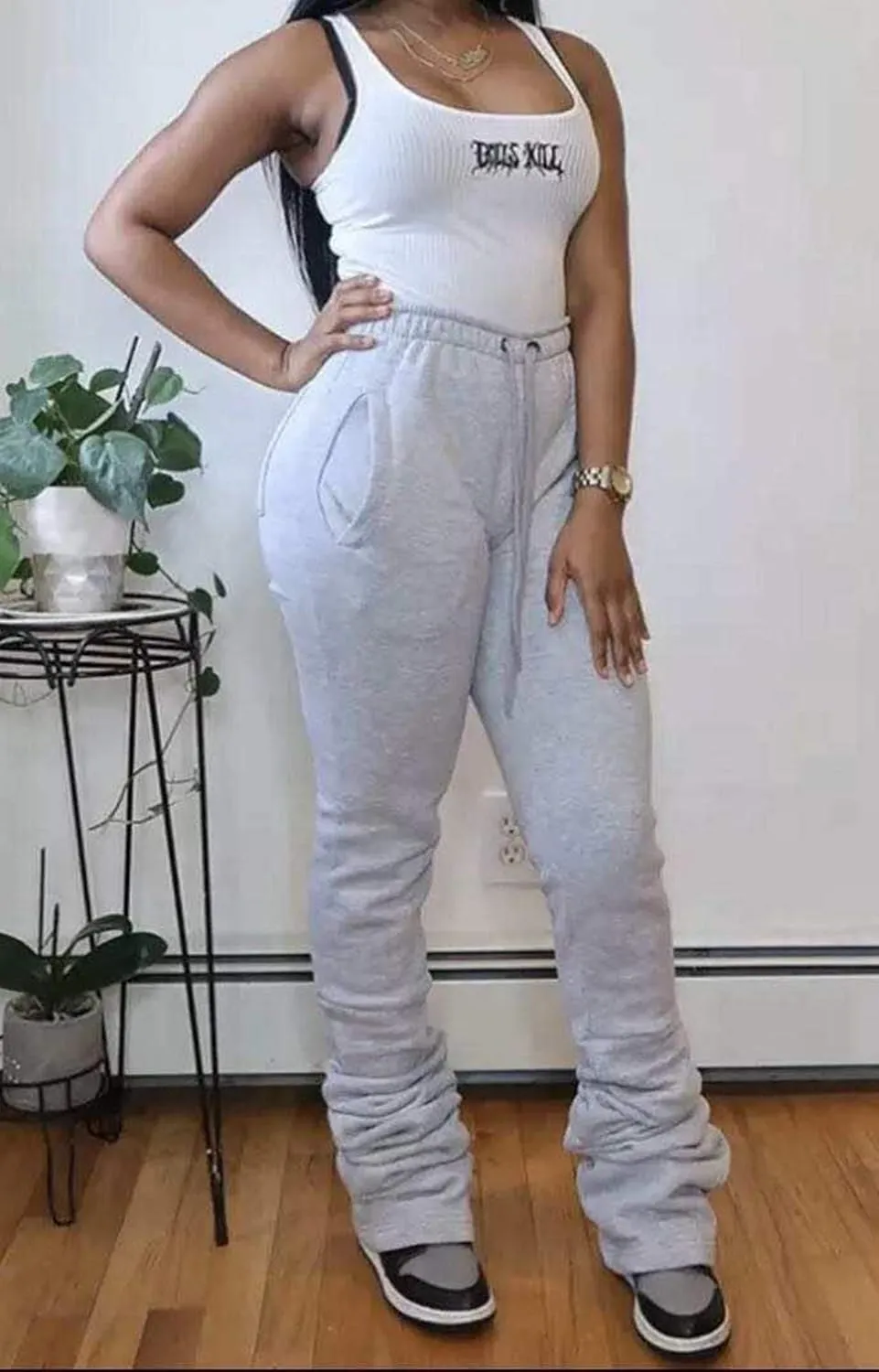 HuiSiFang Women Stacked Pants Fleece Sweatpants Thicked Warm Jogging Casual Ruched Workout Active Jogger Pants