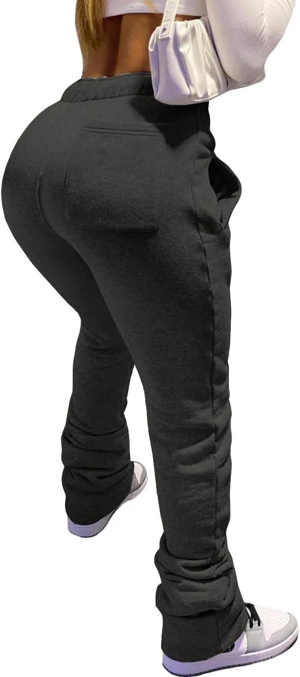 HuiSiFang Women Stacked Pants Fleece Sweatpants Thicked Warm Jogging Casual Ruched Workout Active Jogger Pants