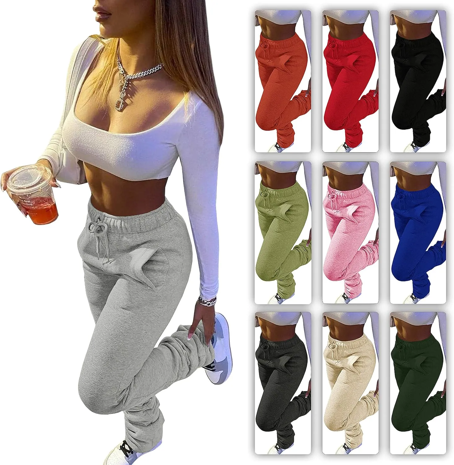 HuiSiFang Women Stacked Pants Fleece Sweatpants Thicked Warm Jogging Casual Ruched Workout Active Jogger Pants