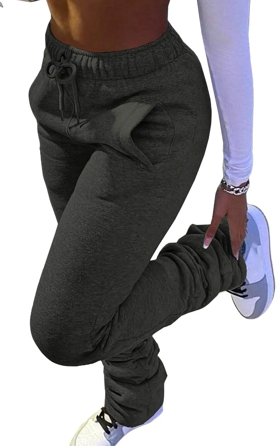 HuiSiFang Women Stacked Pants Fleece Sweatpants Thicked Warm Jogging Casual Ruched Workout Active Jogger Pants