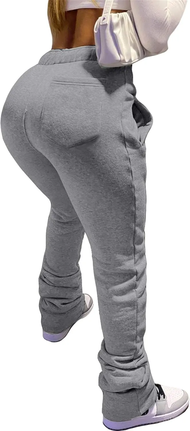 HuiSiFang Women Stacked Pants Fleece Sweatpants Thicked Warm Jogging Casual Ruched Workout Active Jogger Pants