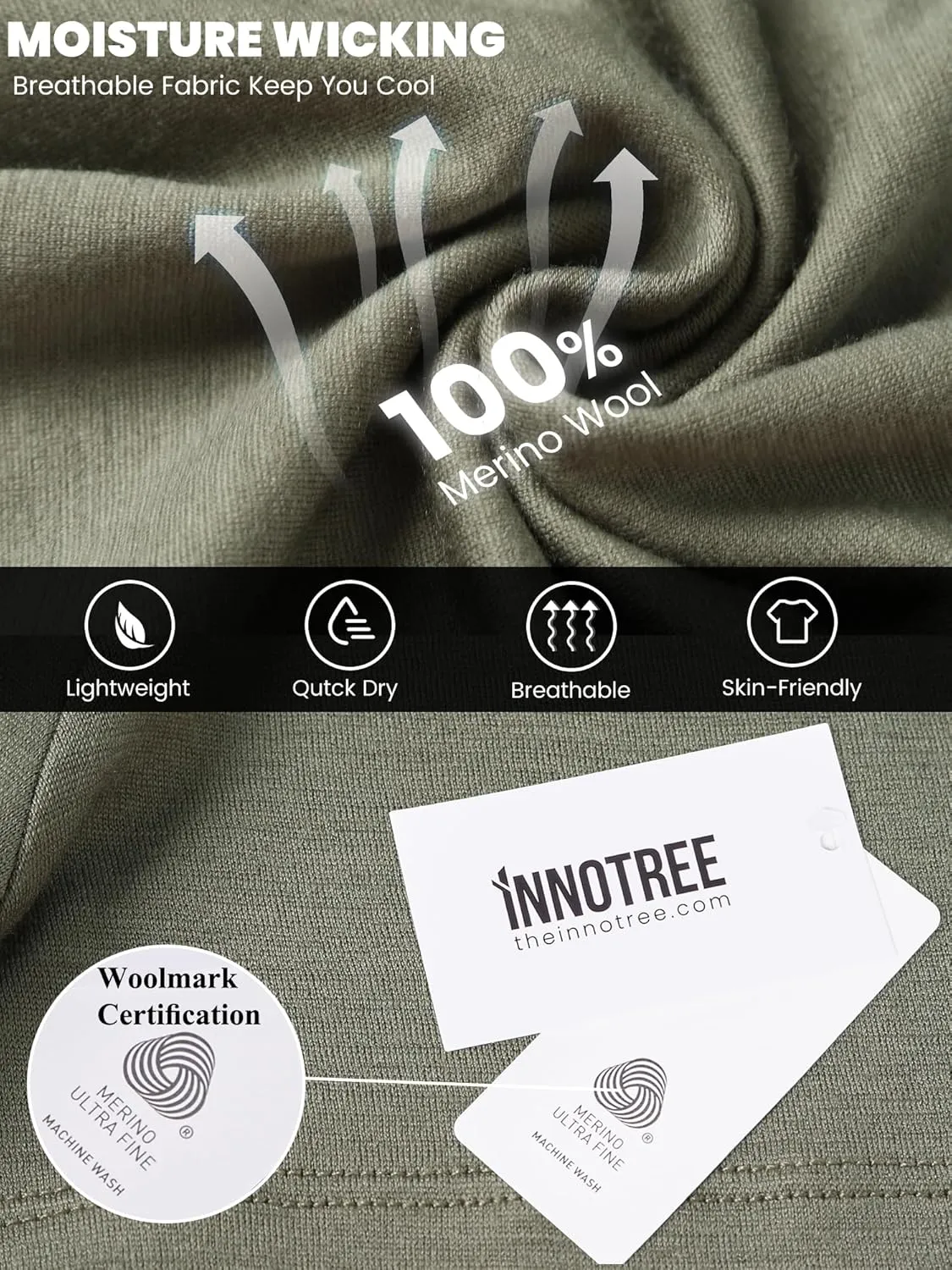 innotree Merino Wool T Shirts for Men - 100% Organic Odor Resistance Merino Wool Undershirt Hiking Travel Base Layer T-Shirt