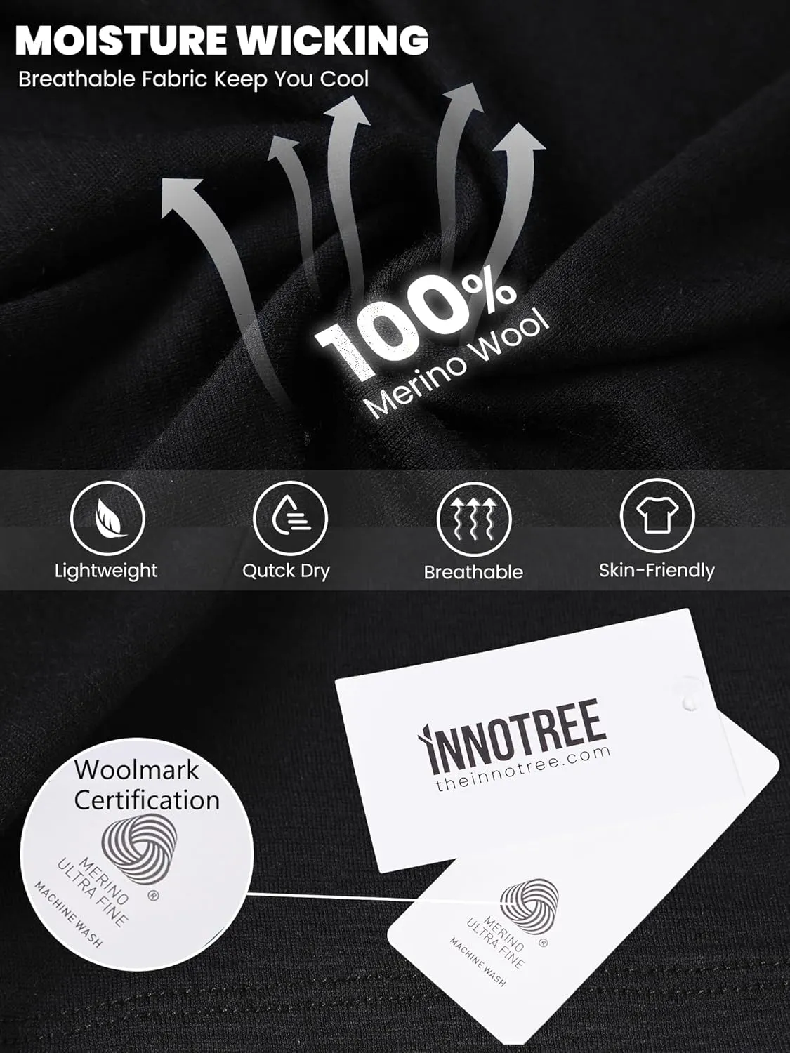 innotree Merino Wool T Shirts for Men - 100% Organic Odor Resistance Merino Wool Undershirt Hiking Travel Base Layer T-Shirt