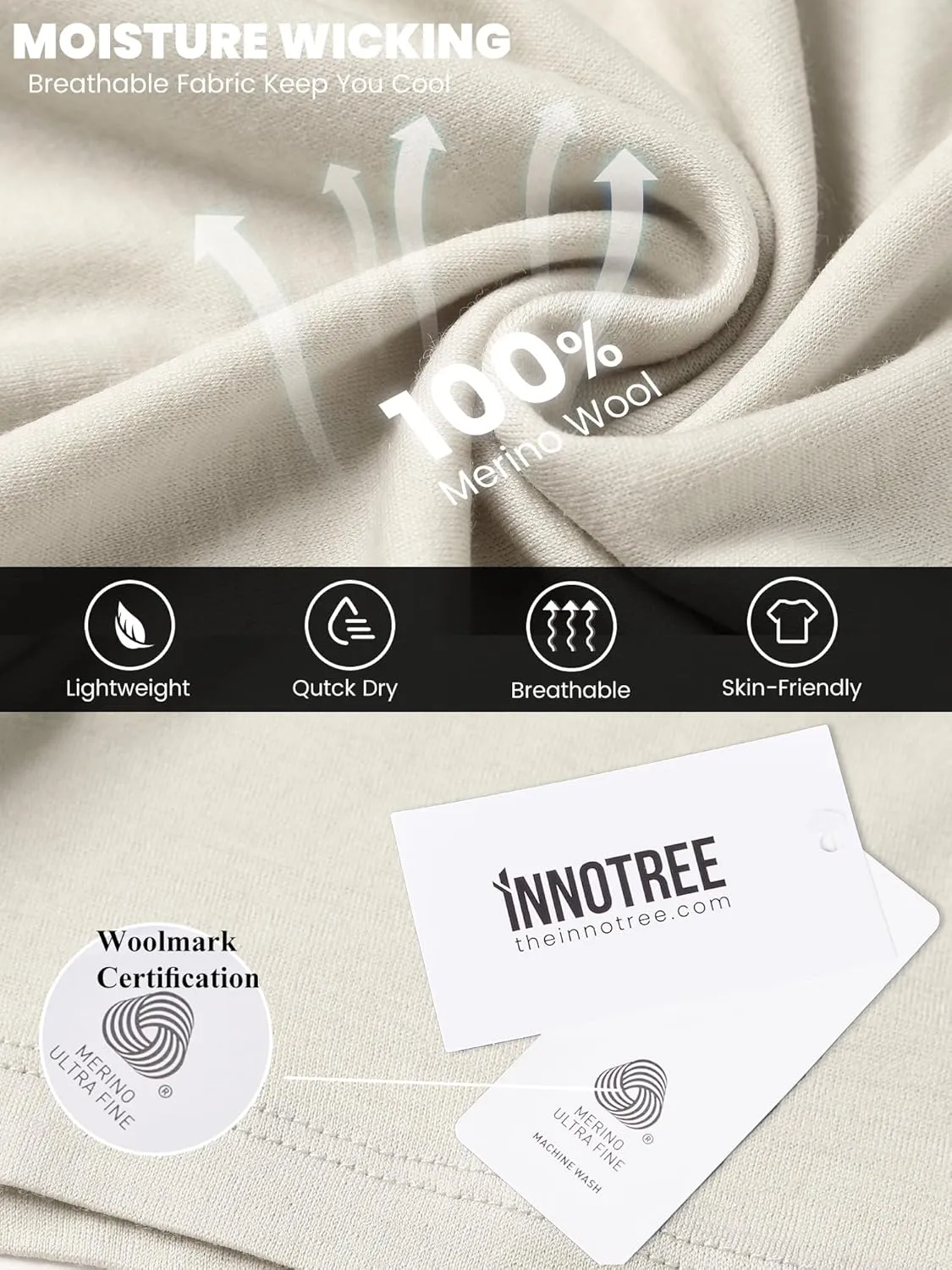 innotree Merino Wool T Shirts for Men - 100% Organic Odor Resistance Merino Wool Undershirt Hiking Travel Base Layer T-Shirt