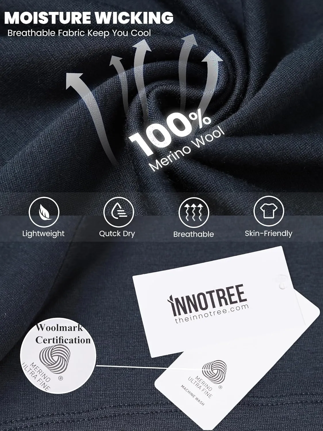 innotree Merino Wool T Shirts for Men - 100% Organic Odor Resistance Merino Wool Undershirt Hiking Travel Base Layer T-Shirt