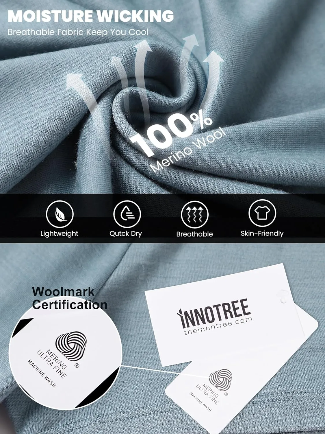 innotree Merino Wool T Shirts for Men - 100% Organic Odor Resistance Merino Wool Undershirt Hiking Travel Base Layer T-Shirt