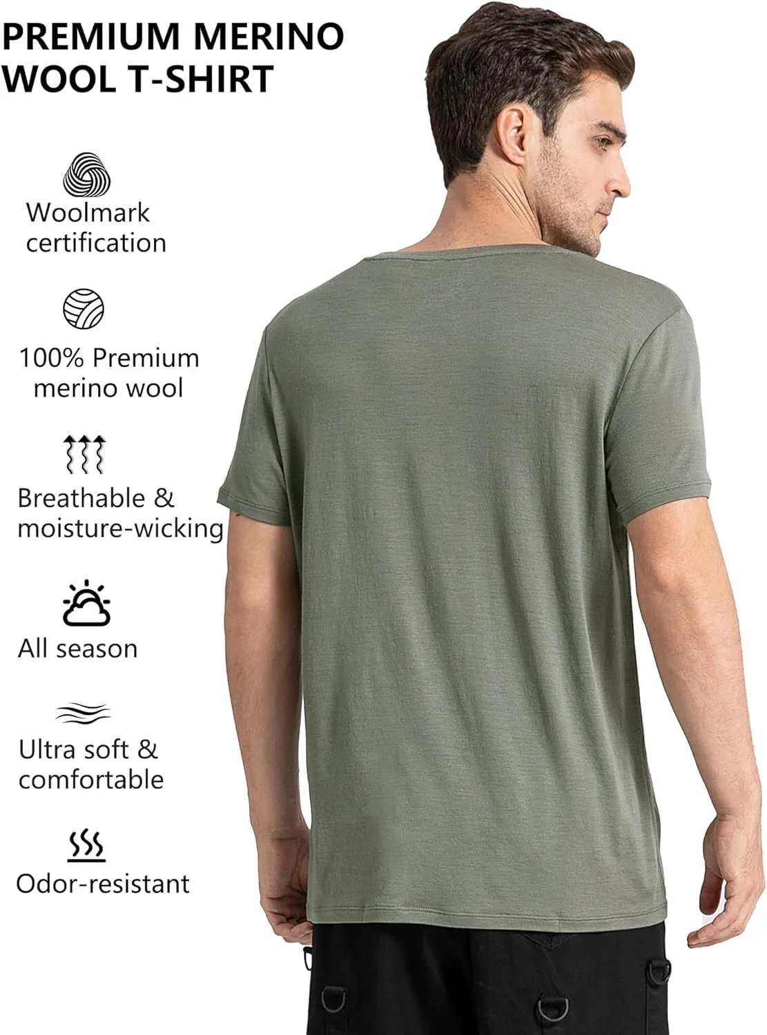 innotree Merino Wool T Shirts for Men - 100% Organic Odor Resistance Merino Wool Undershirt Hiking Travel Base Layer T-Shirt