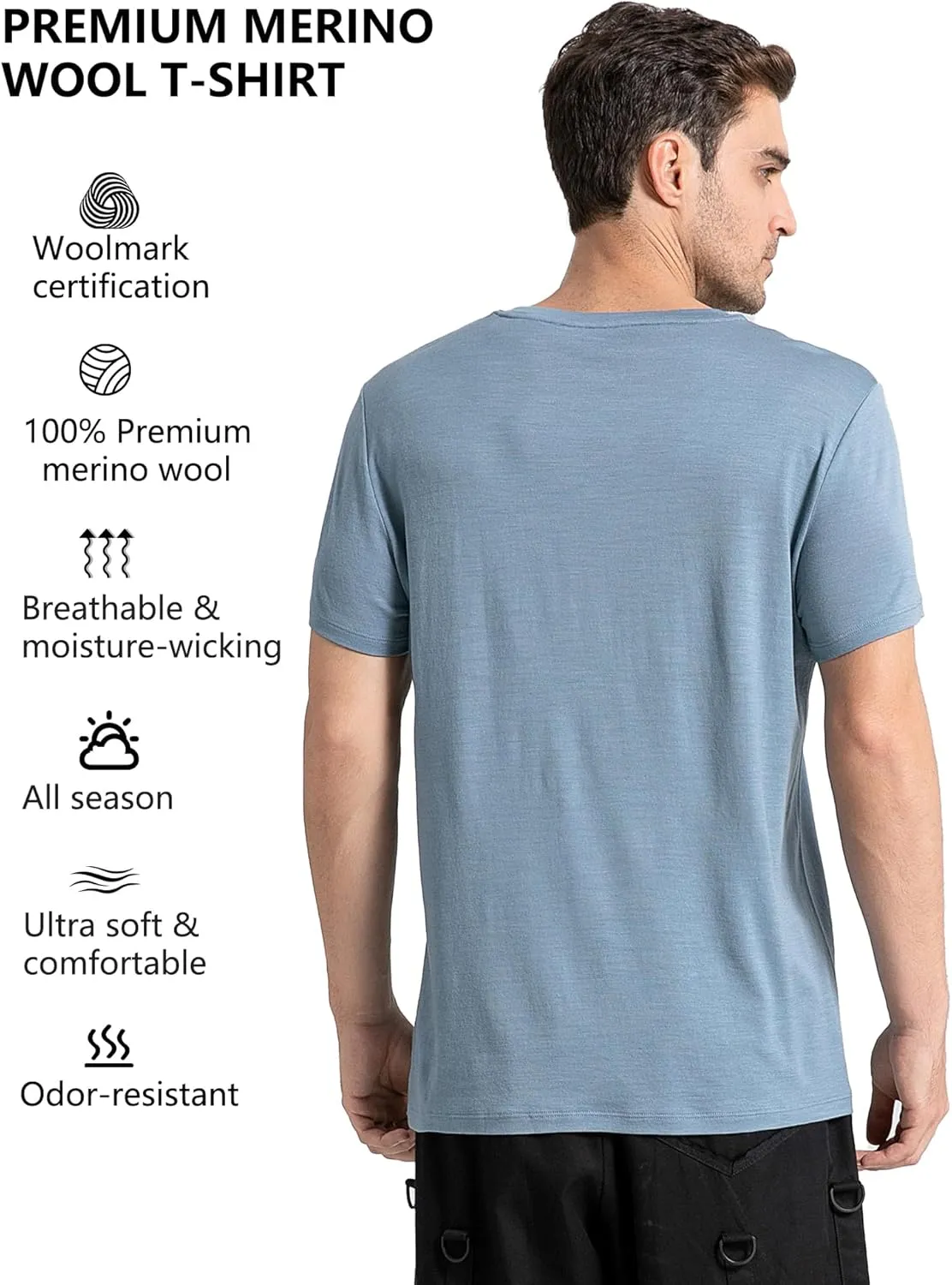 innotree Merino Wool T Shirts for Men - 100% Organic Odor Resistance Merino Wool Undershirt Hiking Travel Base Layer T-Shirt