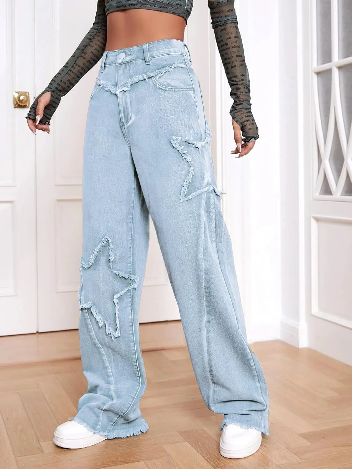 Kedera Women's Wide Leg Denim Pants Teen Star Raw Edge Baggy Trousers High Waisted Boyfriend Y2K Jeans Girls Fashion