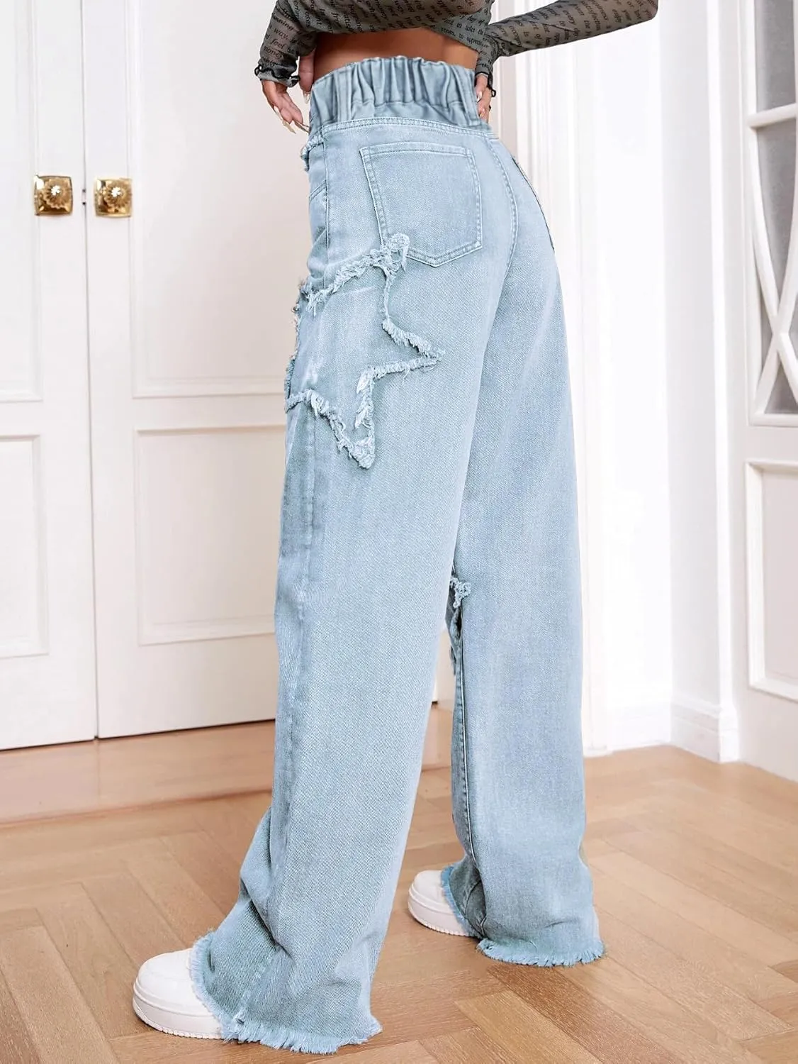 Kedera Women's Wide Leg Denim Pants Teen Star Raw Edge Baggy Trousers High Waisted Boyfriend Y2K Jeans Girls Fashion