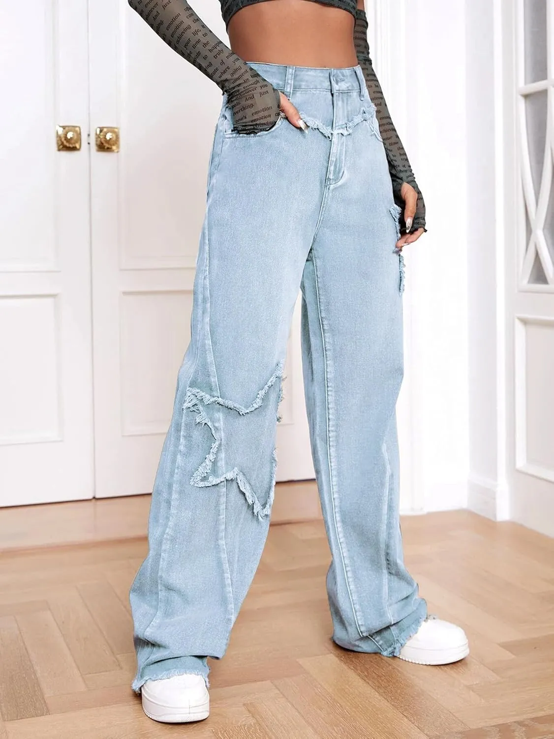 Kedera Women's Wide Leg Denim Pants Teen Star Raw Edge Baggy Trousers High Waisted Boyfriend Y2K Jeans Girls Fashion