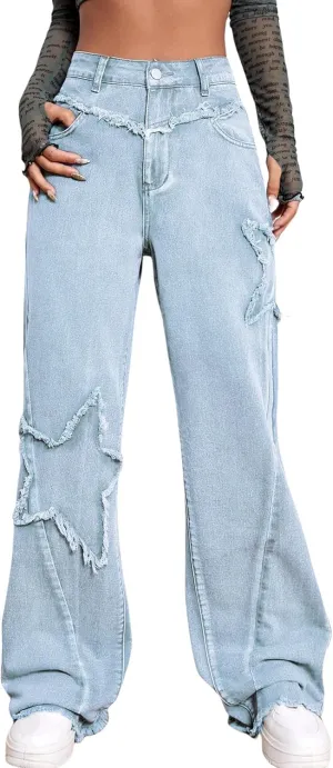 Kedera Women's Wide Leg Denim Pants Teen Star Raw Edge Baggy Trousers High Waisted Boyfriend Y2K Jeans Girls Fashion