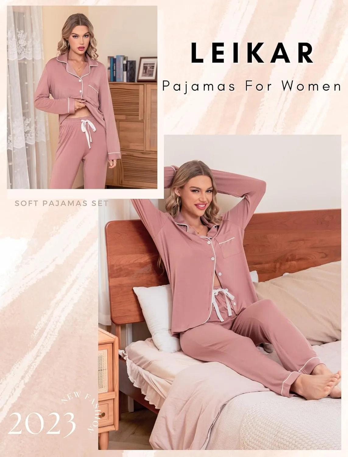 Leikar Button Up Pajama Set For Women Long Sleeve Shirt And Pajama Pants Soft Pjs Lounge Sets