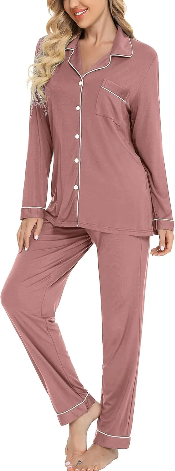 Leikar Button Up Pajama Set For Women Long Sleeve Shirt And Pajama Pants Soft Pjs Lounge Sets