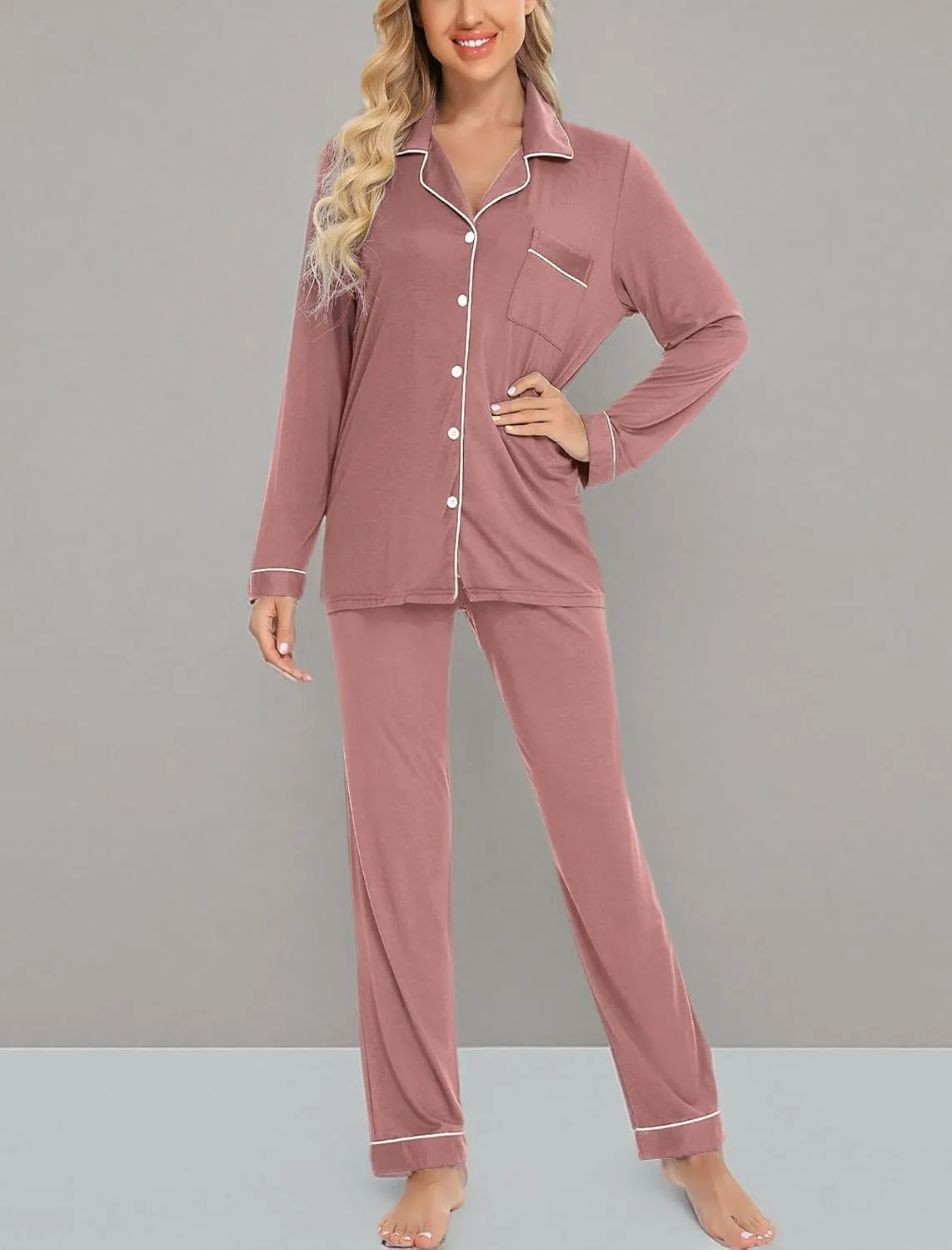 Leikar Button Up Pajama Set For Women Long Sleeve Shirt And Pajama Pants Soft Pjs Lounge Sets
