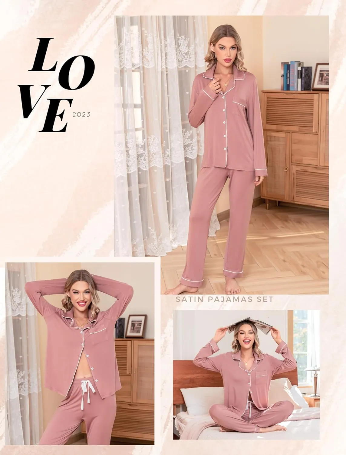 Leikar Button Up Pajama Set For Women Long Sleeve Shirt And Pajama Pants Soft Pjs Lounge Sets