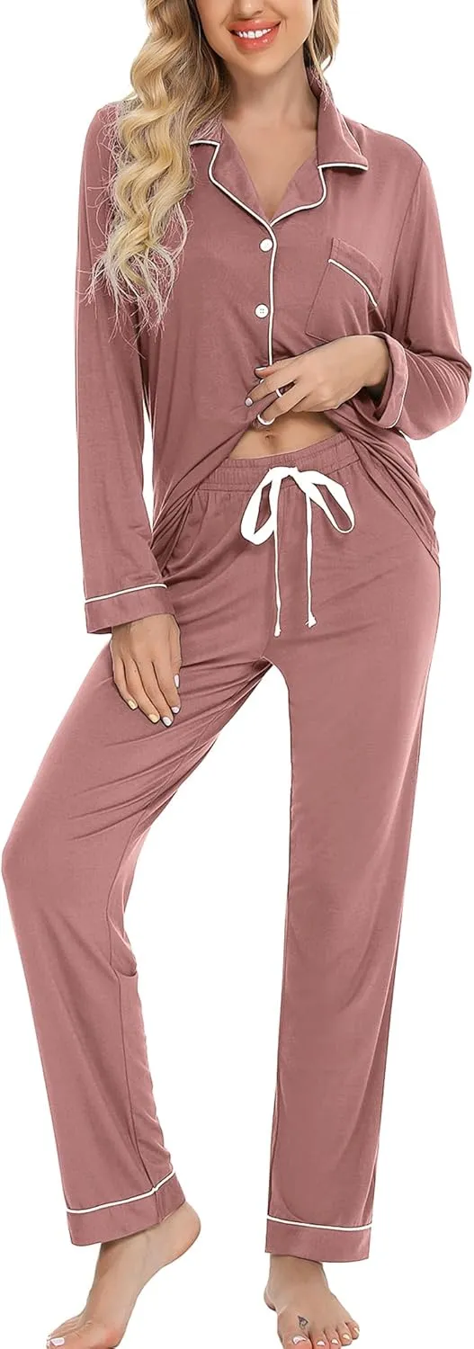 Leikar Button Up Pajama Set For Women Long Sleeve Shirt And Pajama Pants Soft Pjs Lounge Sets