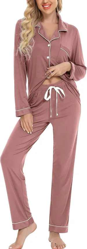 Leikar Button Up Pajama Set For Women Long Sleeve Shirt And Pajama Pants Soft Pjs Lounge Sets