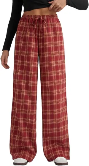 LifeShe Women Tartan Plaid Print Pants Drawstring Elastic Waist Baggy Trousers Casual Pajama Pants