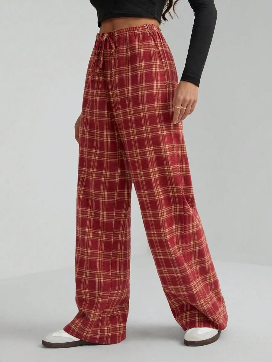 LifeShe Women Tartan Plaid Print Pants Drawstring Elastic Waist Baggy Trousers Casual Pajama Pants