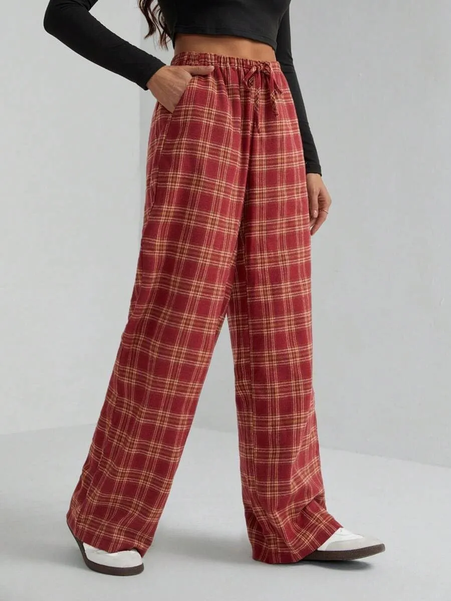 LifeShe Women Tartan Plaid Print Pants Drawstring Elastic Waist Baggy Trousers Casual Pajama Pants
