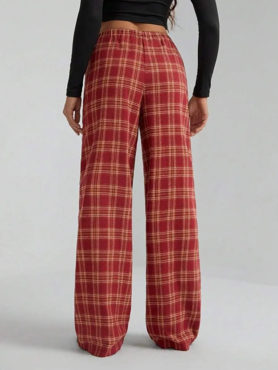 LifeShe Women Tartan Plaid Print Pants Drawstring Elastic Waist Baggy Trousers Casual Pajama Pants