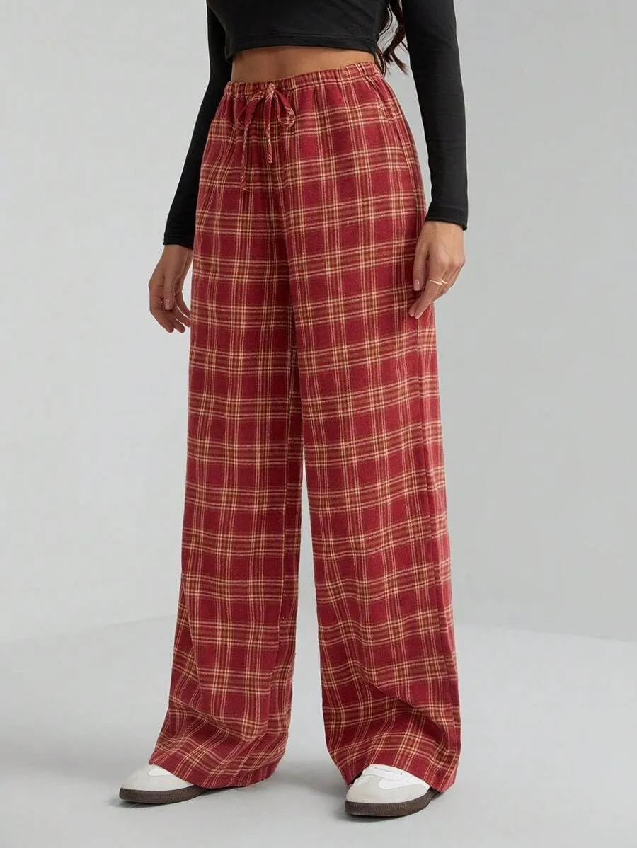 LifeShe Women Tartan Plaid Print Pants Drawstring Elastic Waist Baggy Trousers Casual Pajama Pants
