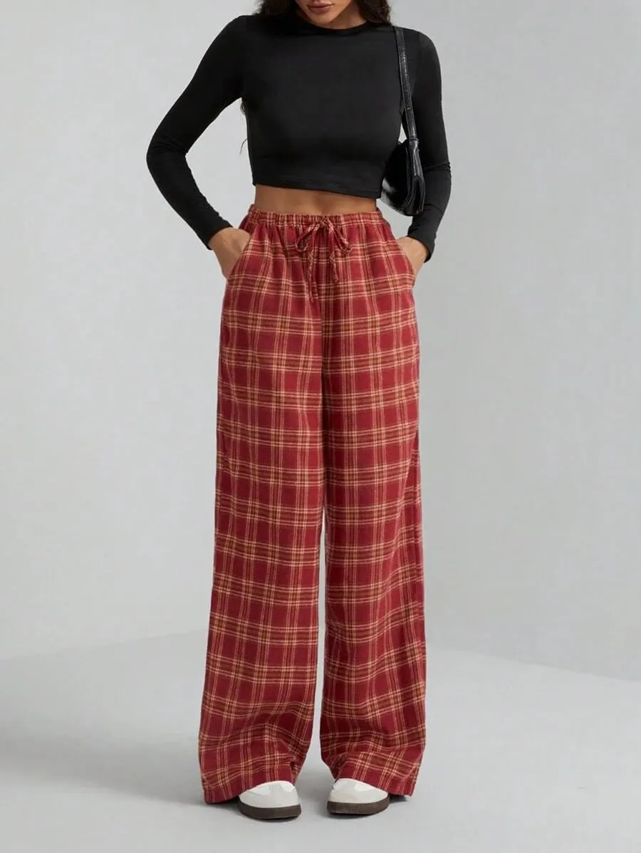 LifeShe Women Tartan Plaid Print Pants Drawstring Elastic Waist Baggy Trousers Casual Pajama Pants
