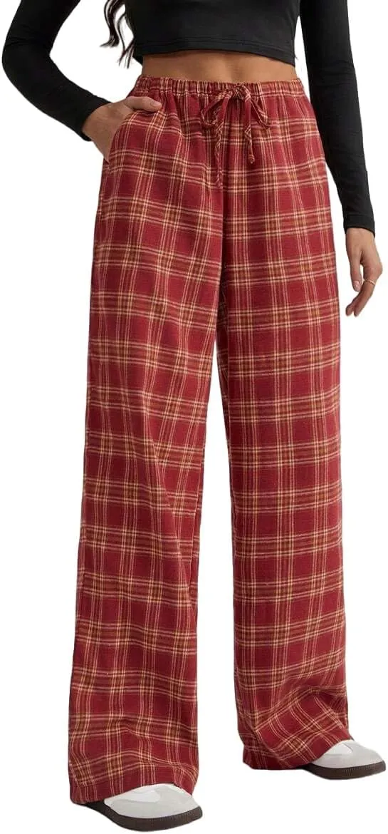 LifeShe Women Tartan Plaid Print Pants Drawstring Elastic Waist Baggy Trousers Casual Pajama Pants
