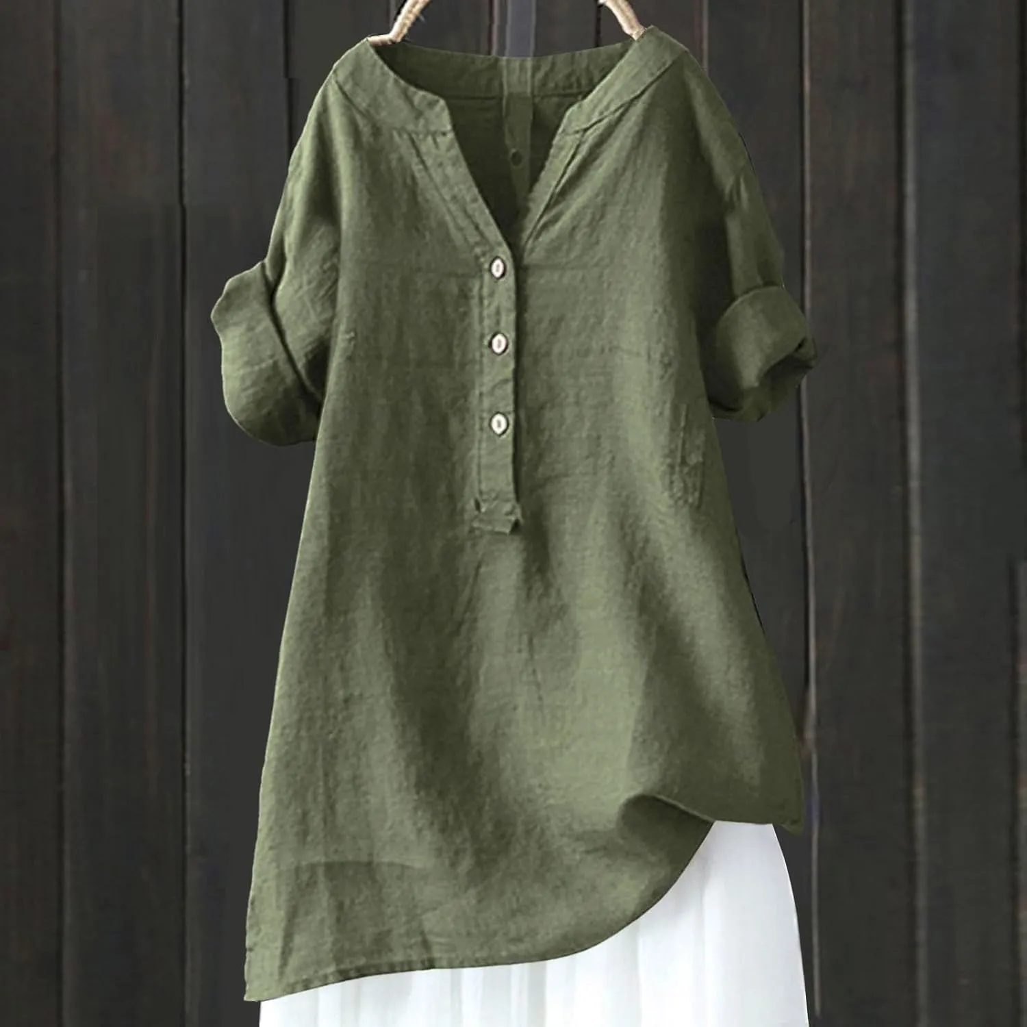 Linen Button Down Shirt Women Dressy Causal Bell Sleeve Round Neck Dressy Causal Hem Camisoles