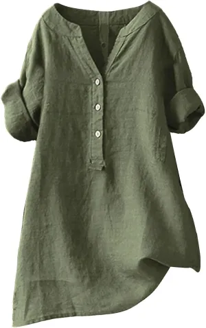 Linen Button Down Shirt Women Dressy Causal Bell Sleeve Round Neck Dressy Causal Hem Camisoles