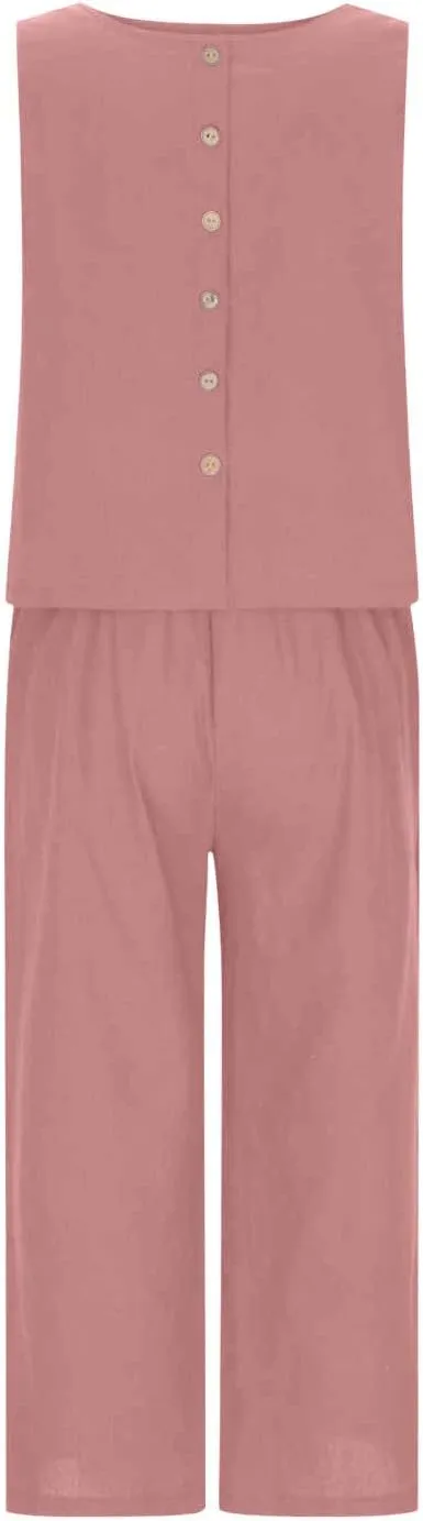 Linen Sets for Women 2 Piece,Summer Outfits Sleeveless Tops Wide Leg Crop Pants Vacation Travel Two Piece Lounge Sets