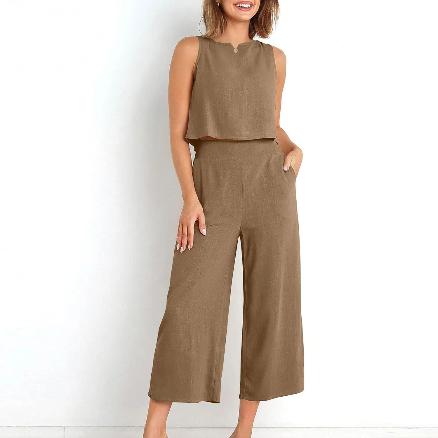 Linen Sets for Women 2 Piece,Summer Outfits Sleeveless Tops Wide Leg Crop Pants Vacation Travel Two Piece Lounge Sets