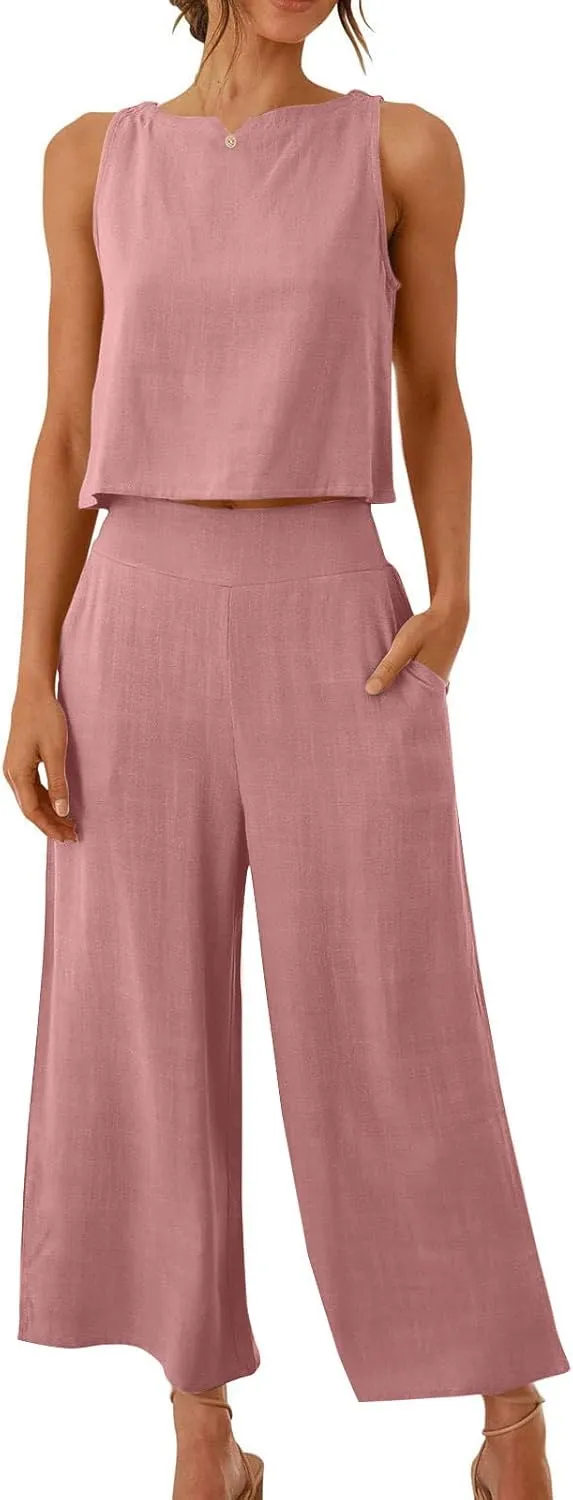 Linen Sets for Women 2 Piece,Summer Outfits Sleeveless Tops Wide Leg Crop Pants Vacation Travel Two Piece Lounge Sets