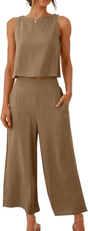 Linen Sets for Women 2 Piece,Summer Outfits Sleeveless Tops Wide Leg Crop Pants Vacation Travel Two Piece Lounge Sets