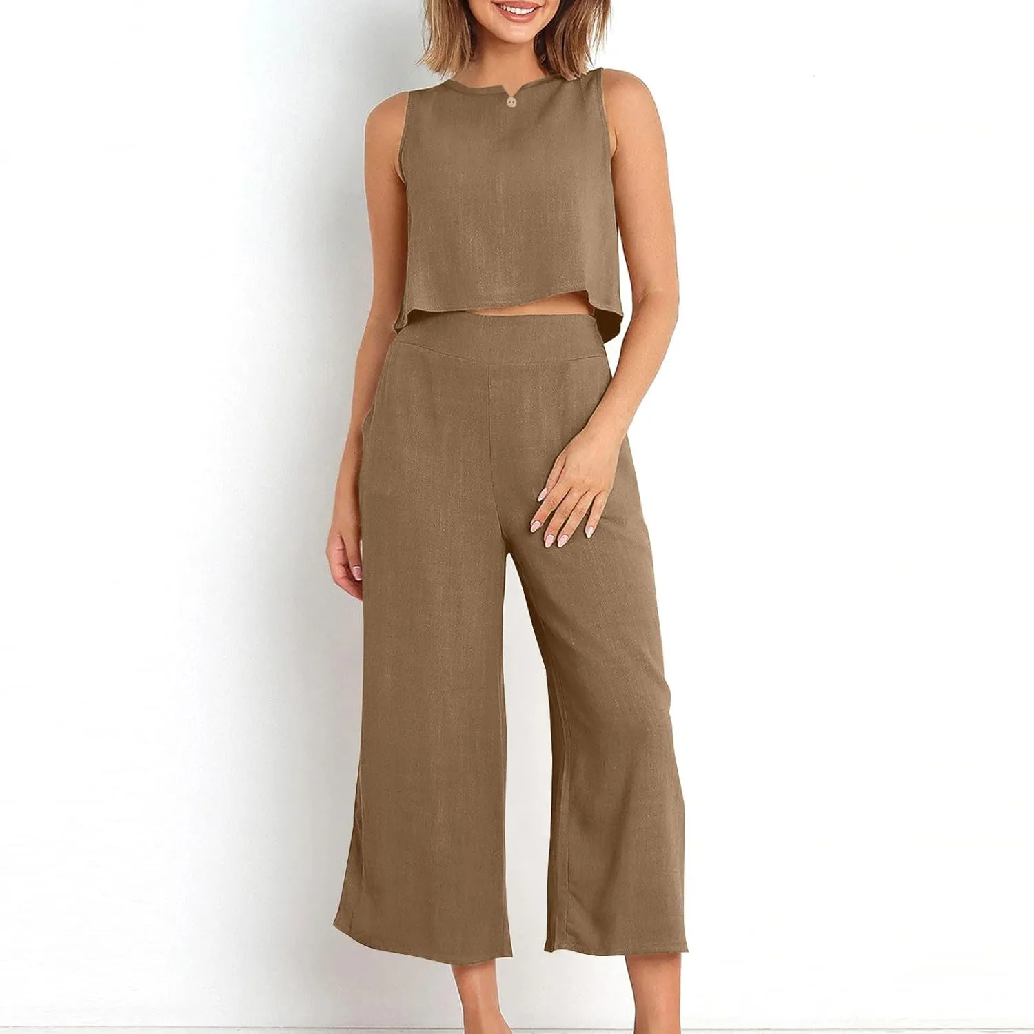 Linen Sets for Women 2 Piece,Summer Outfits Sleeveless Tops Wide Leg Crop Pants Vacation Travel Two Piece Lounge Sets