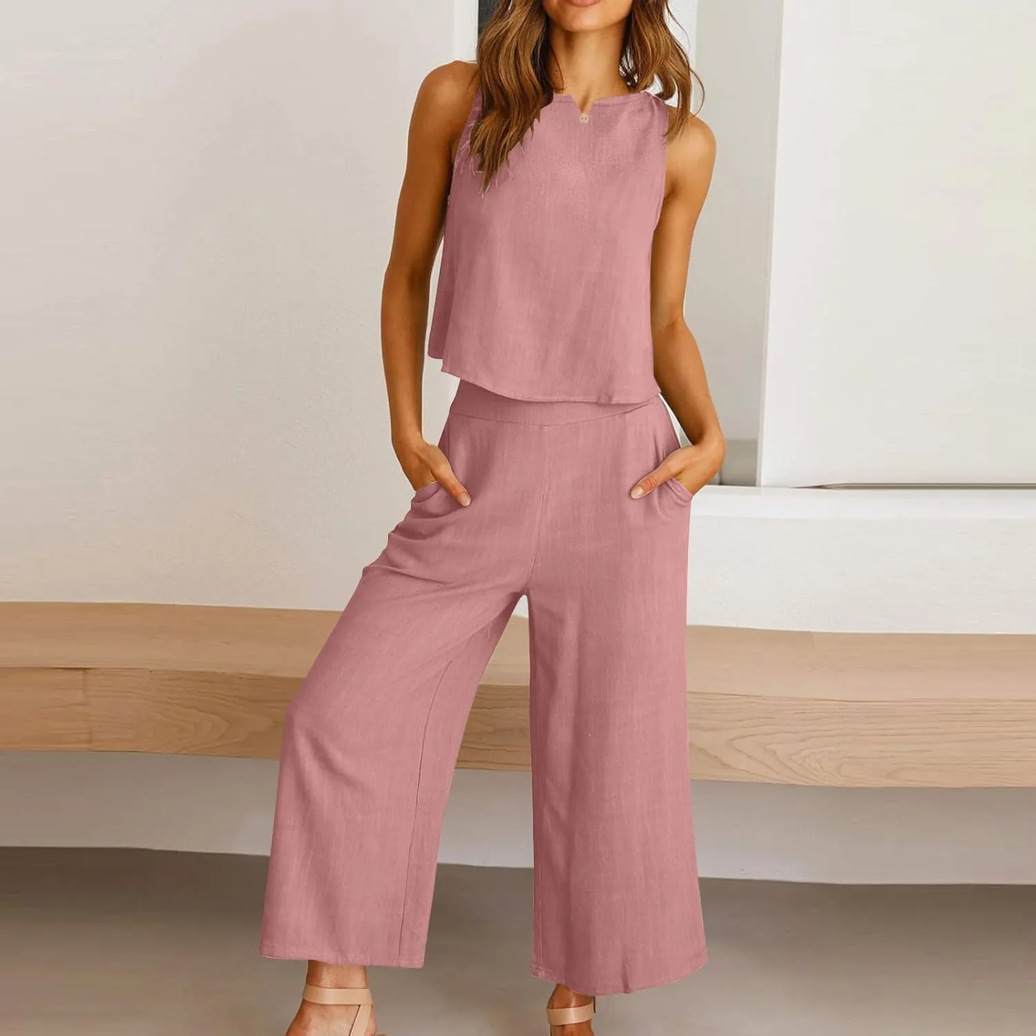 Linen Sets for Women 2 Piece,Summer Outfits Sleeveless Tops Wide Leg Crop Pants Vacation Travel Two Piece Lounge Sets