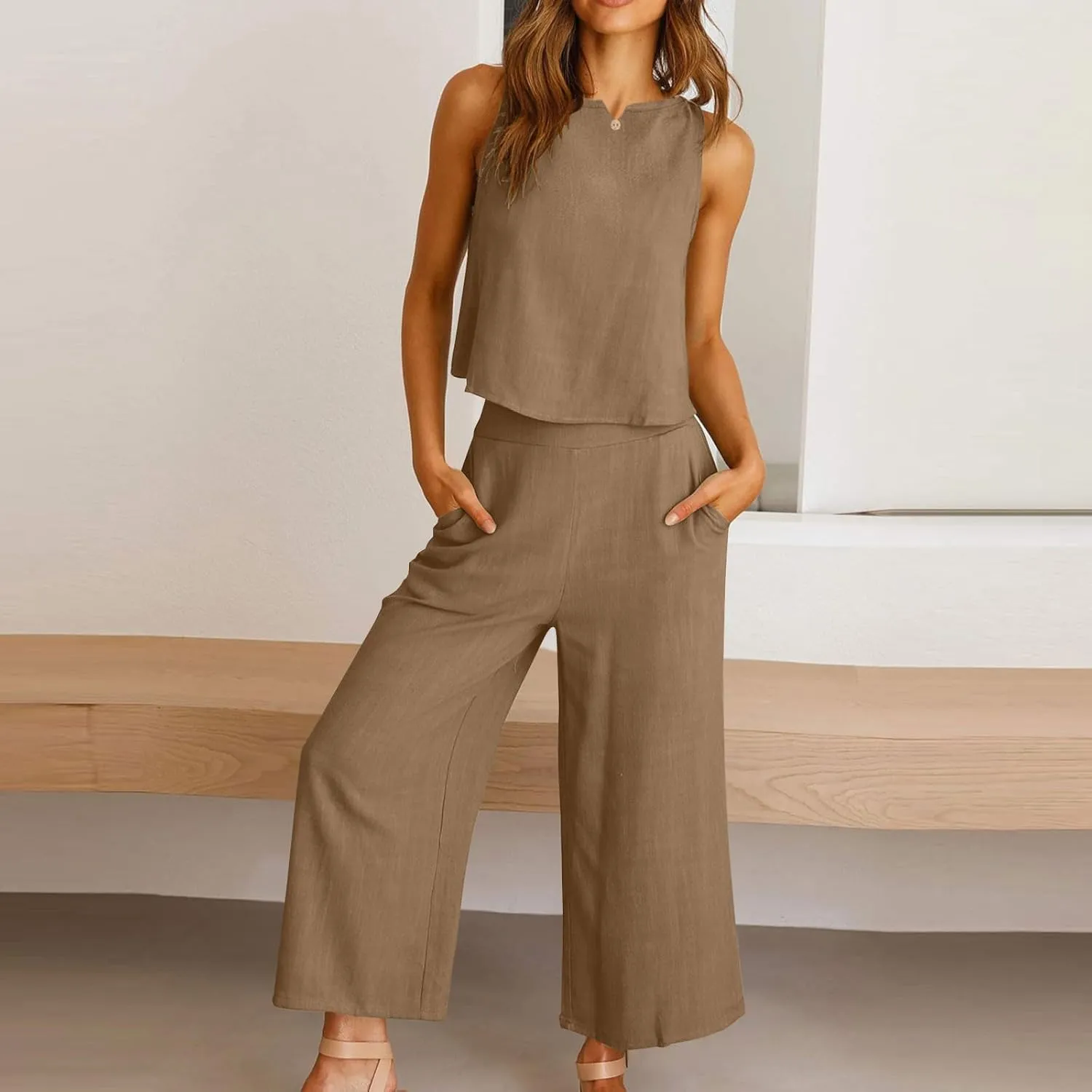 Linen Sets for Women 2 Piece,Summer Outfits Sleeveless Tops Wide Leg Crop Pants Vacation Travel Two Piece Lounge Sets
