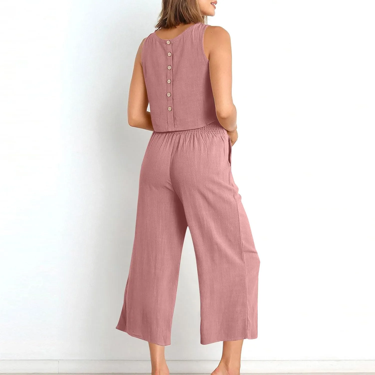 Linen Sets for Women 2 Piece,Summer Outfits Sleeveless Tops Wide Leg Crop Pants Vacation Travel Two Piece Lounge Sets