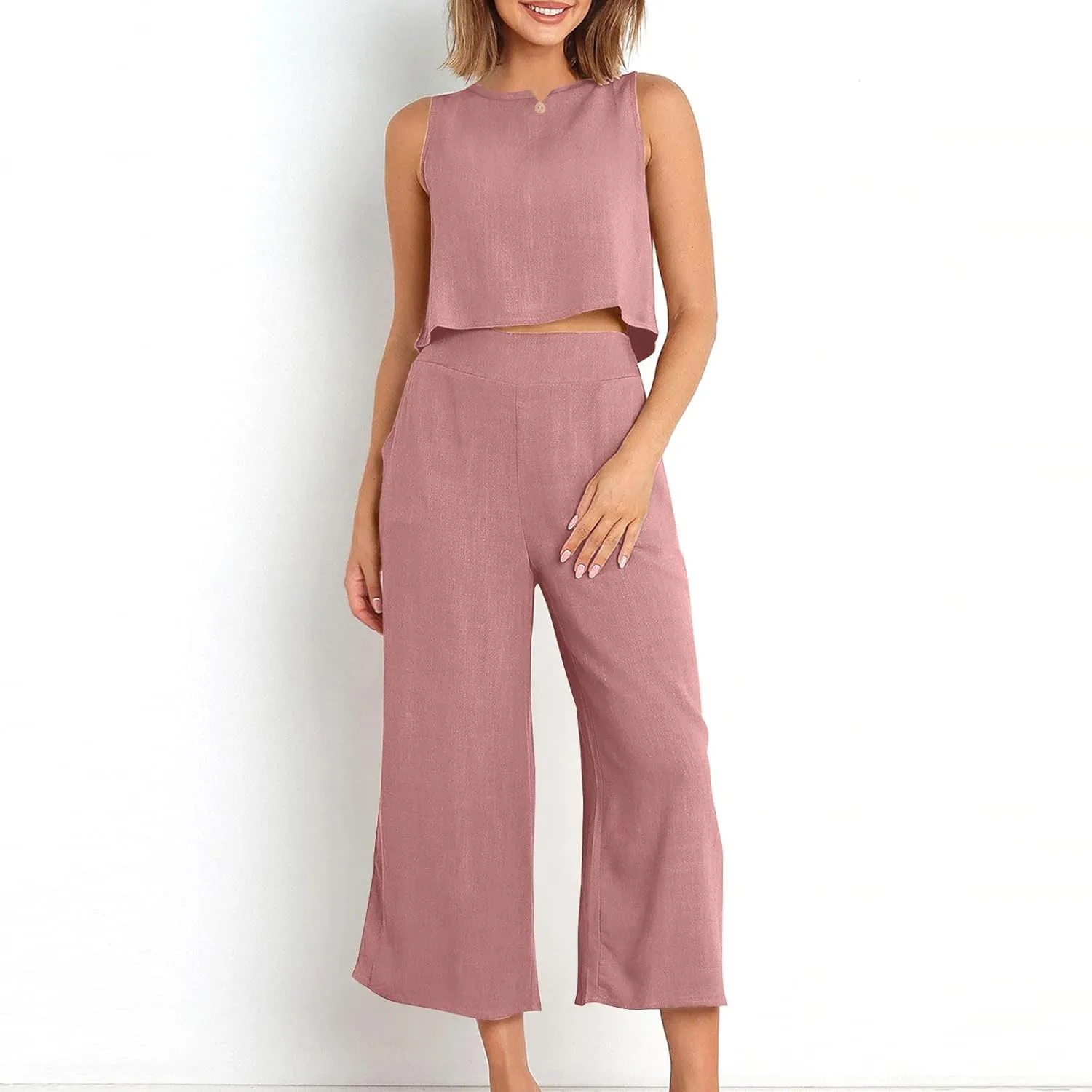Linen Sets for Women 2 Piece,Summer Outfits Sleeveless Tops Wide Leg Crop Pants Vacation Travel Two Piece Lounge Sets